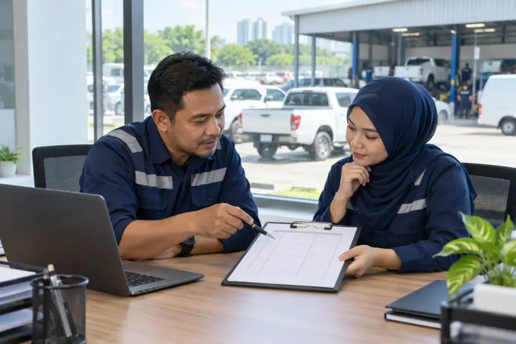 Fleet and maintenance managers reviewing safety policy actions in a depot office