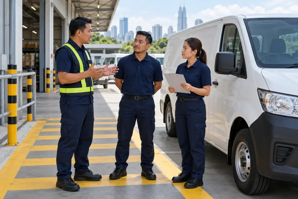 Supervisor briefing company drivers on fleet safety procedures beside a parked van