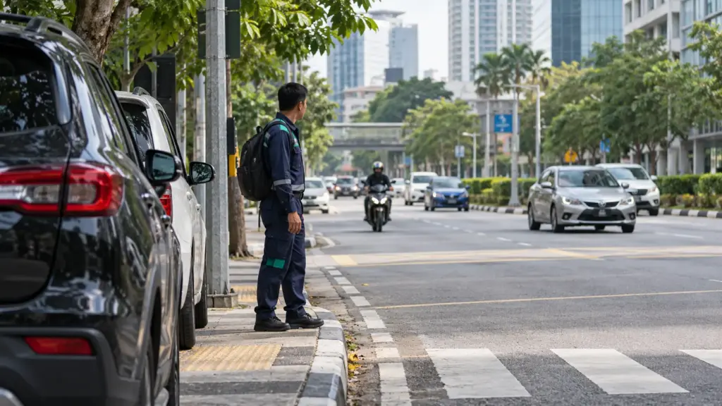Urban junction with parked vehicles, a waiting pedestrian and an approaching motorcycle