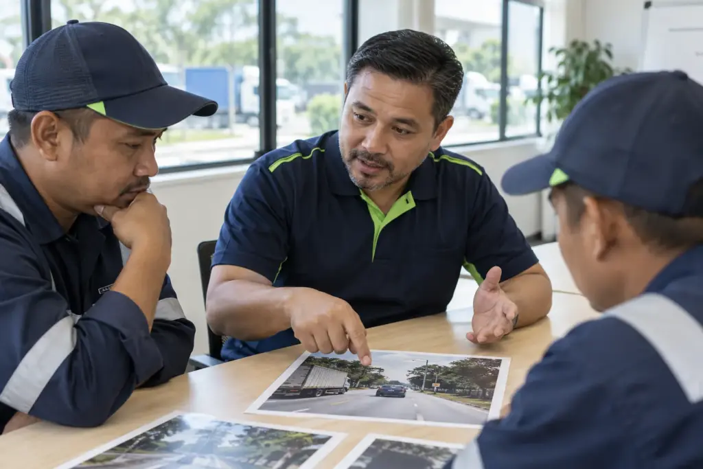 Trainer and fleet drivers discussing a road-scene photograph during hazard perception coaching