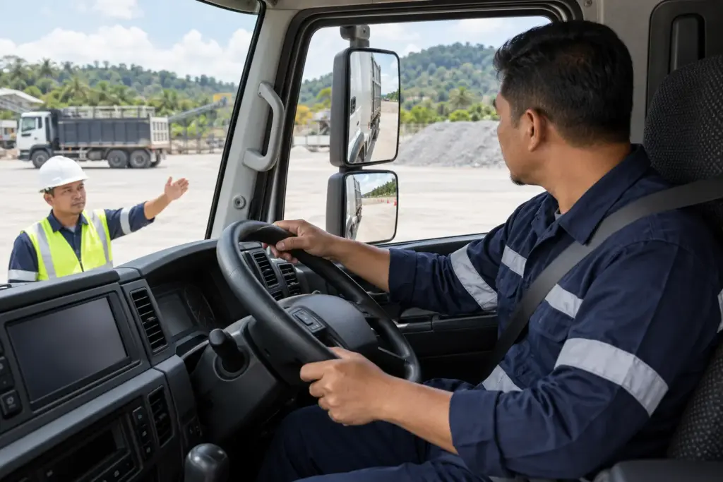 Commercial driver reviewing mirror visibility in a parked right-hand-drive truck